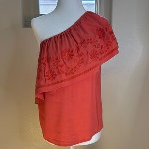 Rebecca Minkoff Embroidered Coral One-Shoulder Top